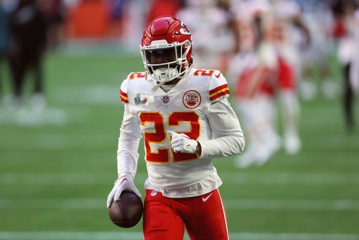 Feb 12, 2023; Glendale, Arizona, US; Kansas City Chiefs cornerback Joshua Williams (23) warms up before Super Bowl LVII against the Philadelphia Eagles at State Farm Stadium. Mandatory Credit: Bill Streicher-USA TODAY Sports